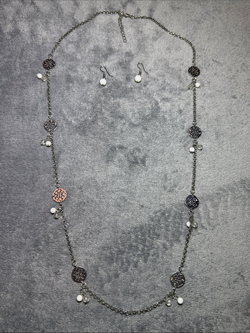 Delicate Silver-Tone Long Necklace with White Bead Dangle Earrings